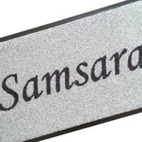 Personalised Outdoor Doormat - Monostype Corsiva typeface in Black on Grey (387) Background